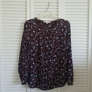 LOFT Burgundy Maroon Floral Long Sleeve Blouse